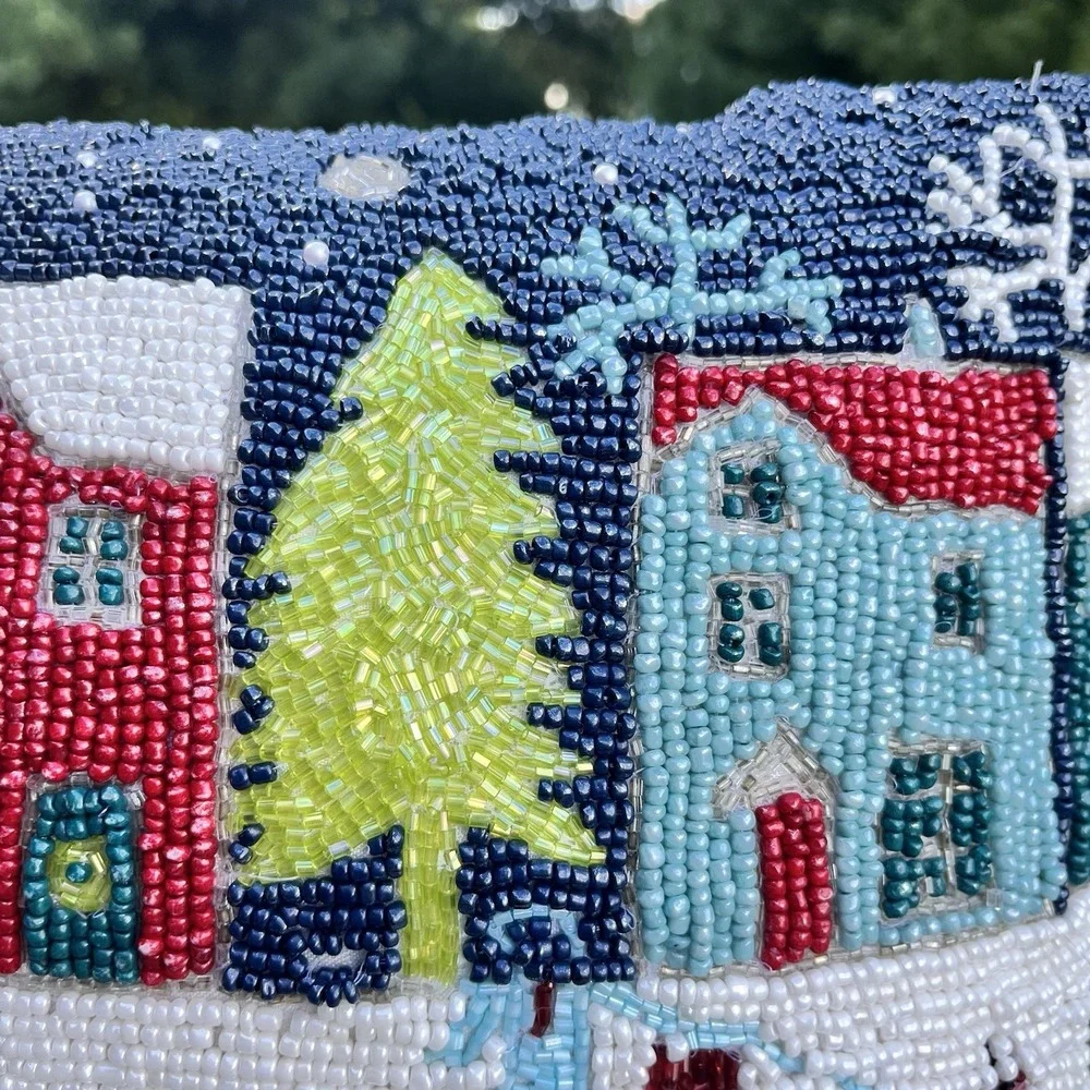 Cherish Tradition Beaded Christmas Village Throw Pillow Cover Zipper Back 15x11